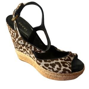 GUCCI Grey Taupe Calf Hair Leopard Cork Platform Wedge Sandals Size 38 8